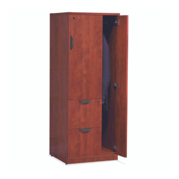 tall cherry colored cabinet with two drawers and two doors